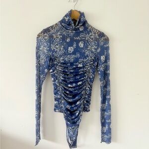 Free People Under It All Blue Long Sleeve Ruched Bodysuit